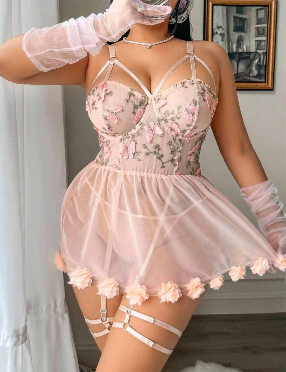 Women Plus Size Butterfly Embroidery Patchwork Mesh Babydoll | PRUSES