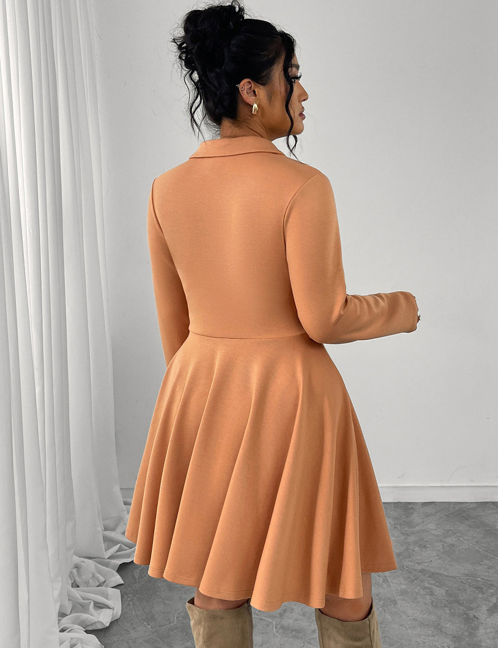 Women Plus Size Caramel Turn-Down Collar A-Line Dress
