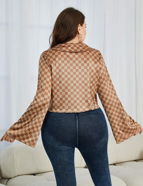 Women Plus Size Checkered Johnny Collar Flare Sleeve Shirt | PRUSES-1