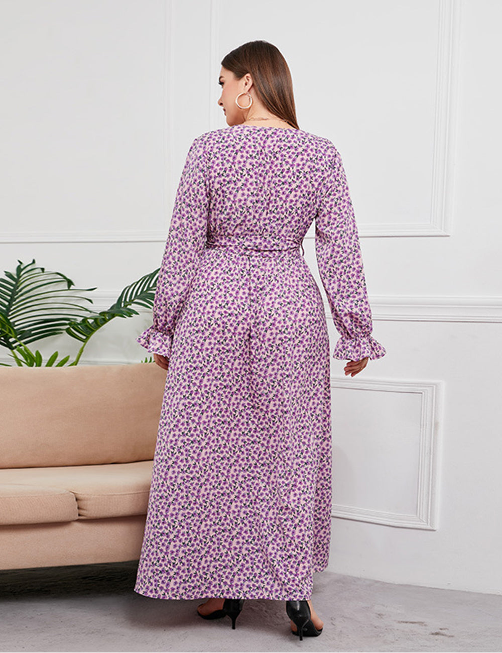 Women Plus Size Chiffon Floral V-Neck Dress-2