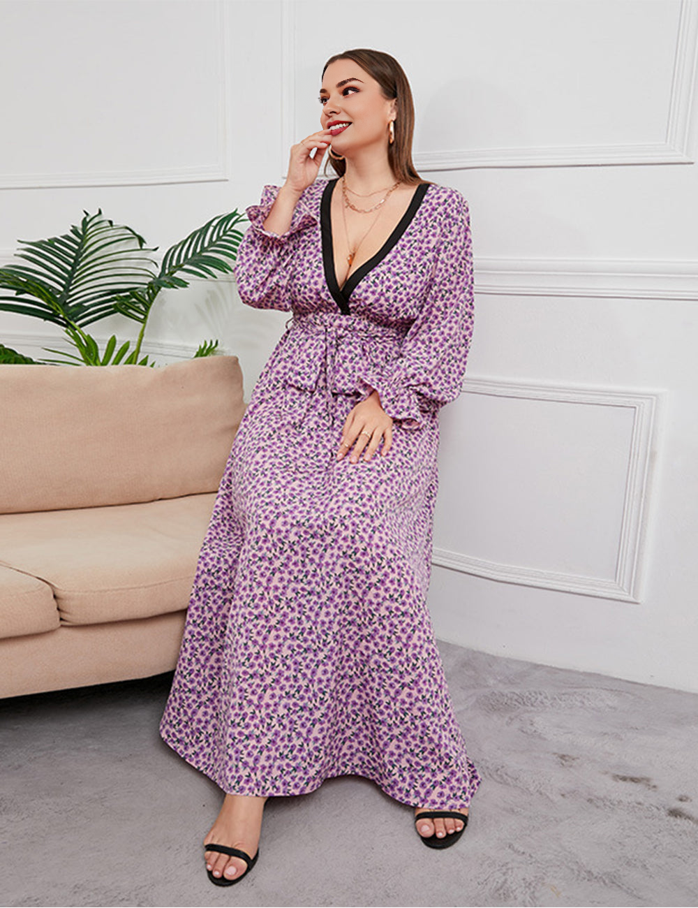 Women Plus Size Chiffon Floral V-Neck Dress-3