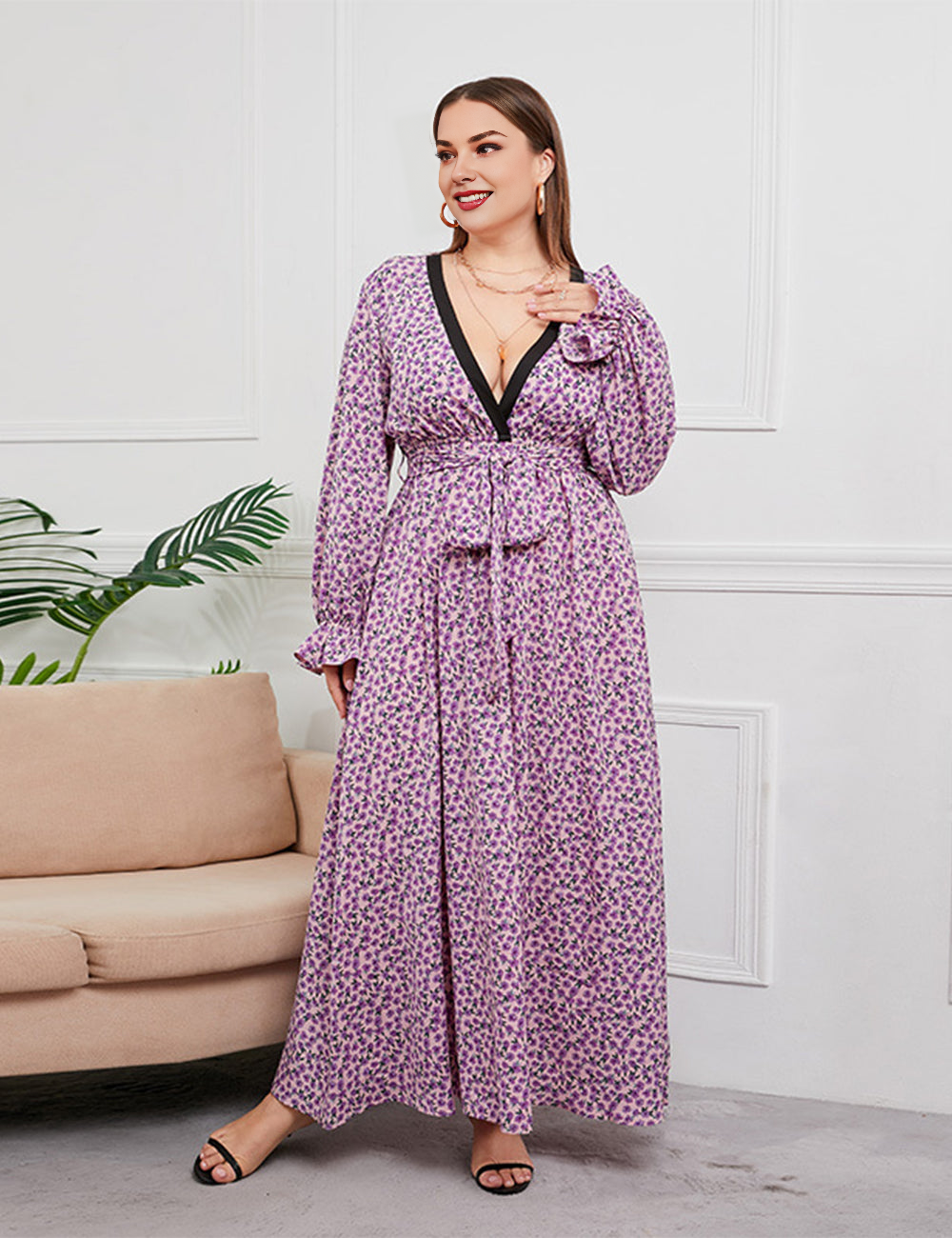 Women Plus Size Chiffon Floral V-Neck Dress