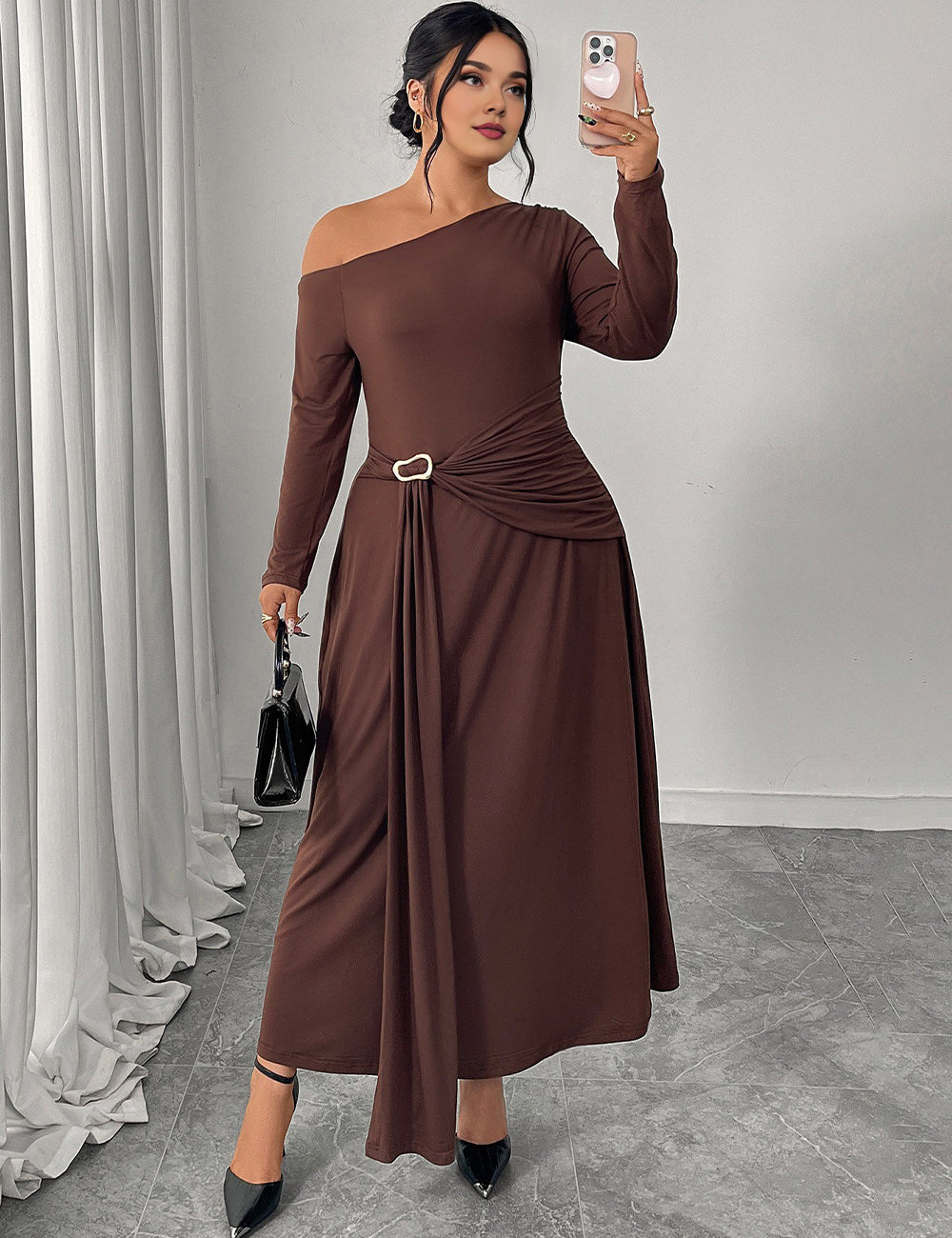 Women Plus Size Chocolate Brown One Shoulder Belted Maxi Dress