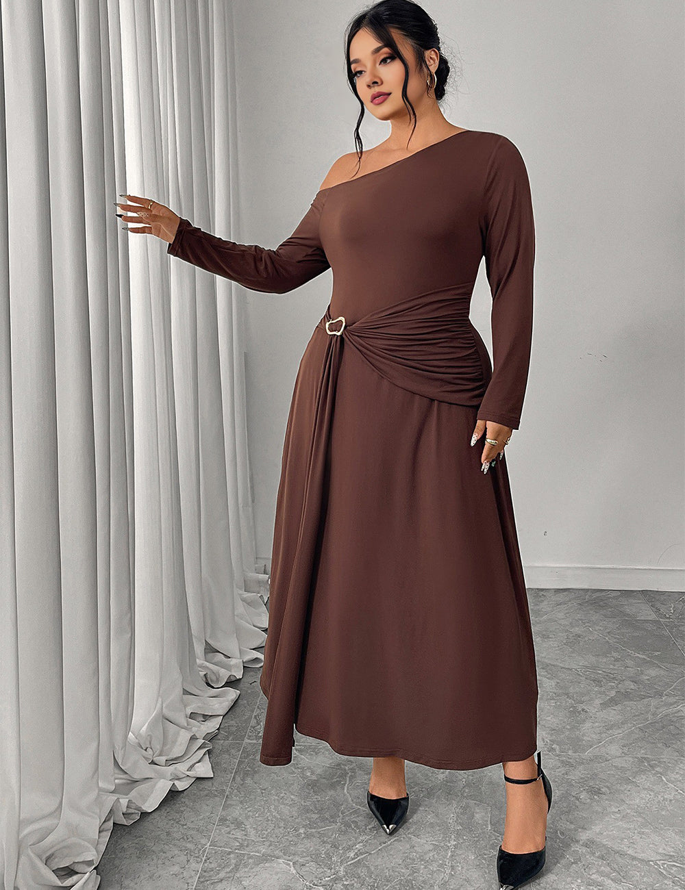 Women Plus Size Chocolate Brown One Shoulder Belted Maxi Dress