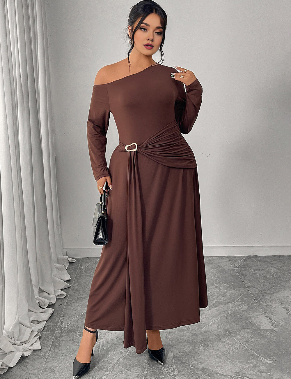 Women Plus Size Chocolate Brown One Shoulder Belted Maxi Dress