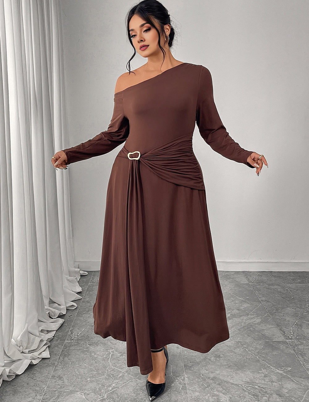 Women Plus Size Chocolate Brown One Shoulder Belted Maxi Dress