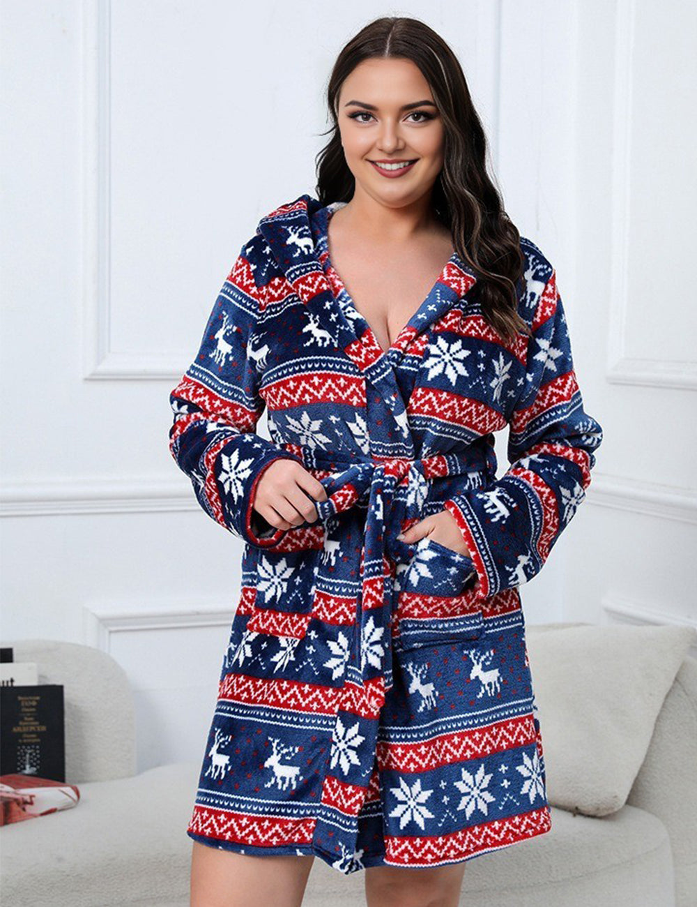 Women Plus Size Christmas Reindeer Flannel Robe