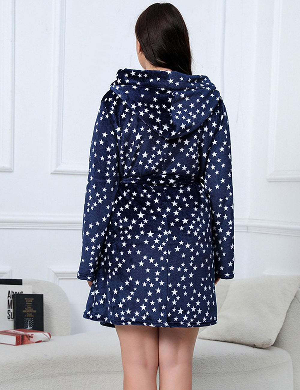 Women Plus Size Christmas Star Print Hooded Flannel Robe