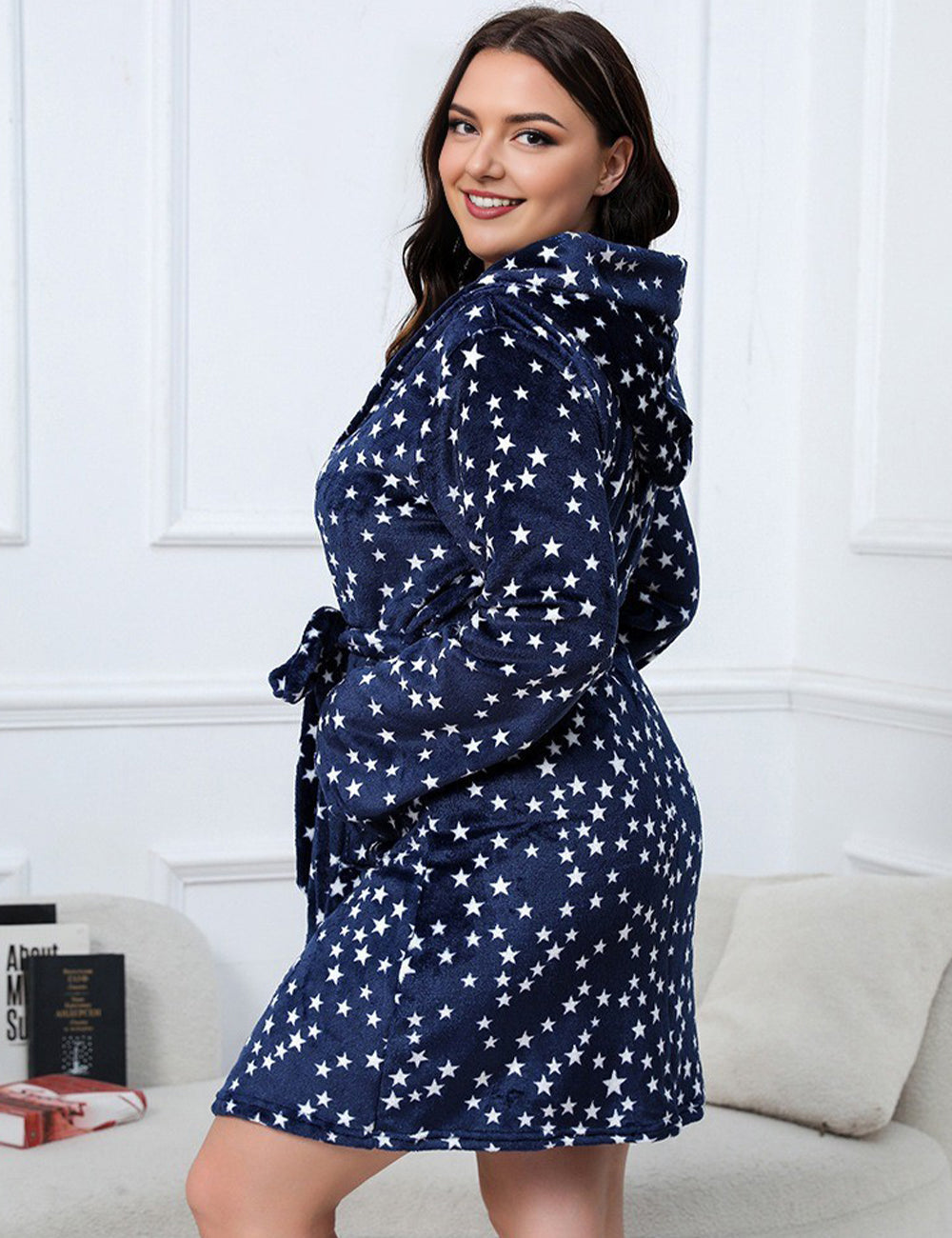 Women Plus Size Christmas Star Print Hooded Flannel Robe