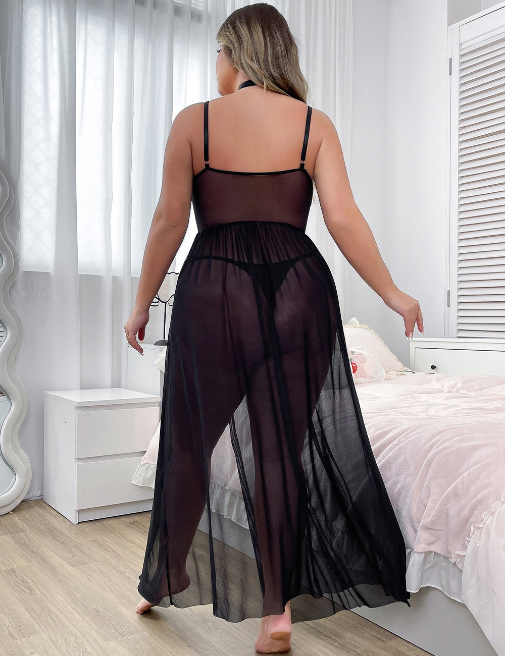 Women Plus Size Contrast Lace Mesh Slit Thigh Slips with Choker