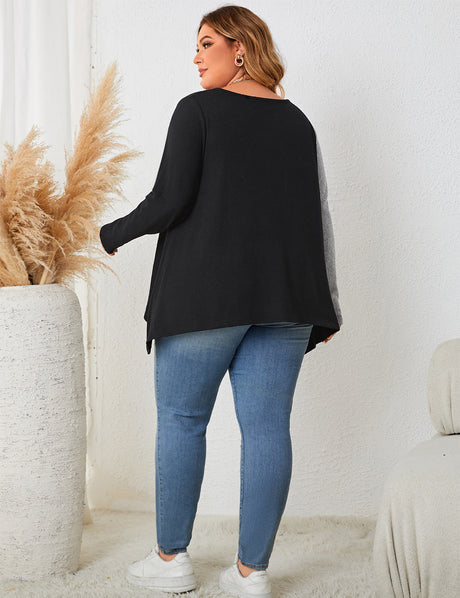 Women Plus Size Contrast Notched Neck Long Sleeve T-Shirt