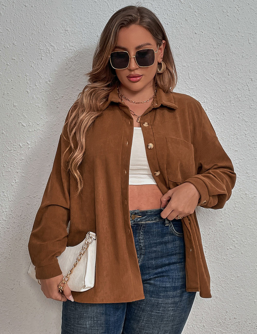 Women Plus Size Corduroy Long-Sleeved Shirt | PRUSES-1