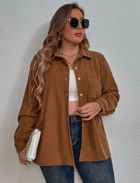 Women Plus Size Corduroy Long-Sleeved Shirt | PRUSES-5