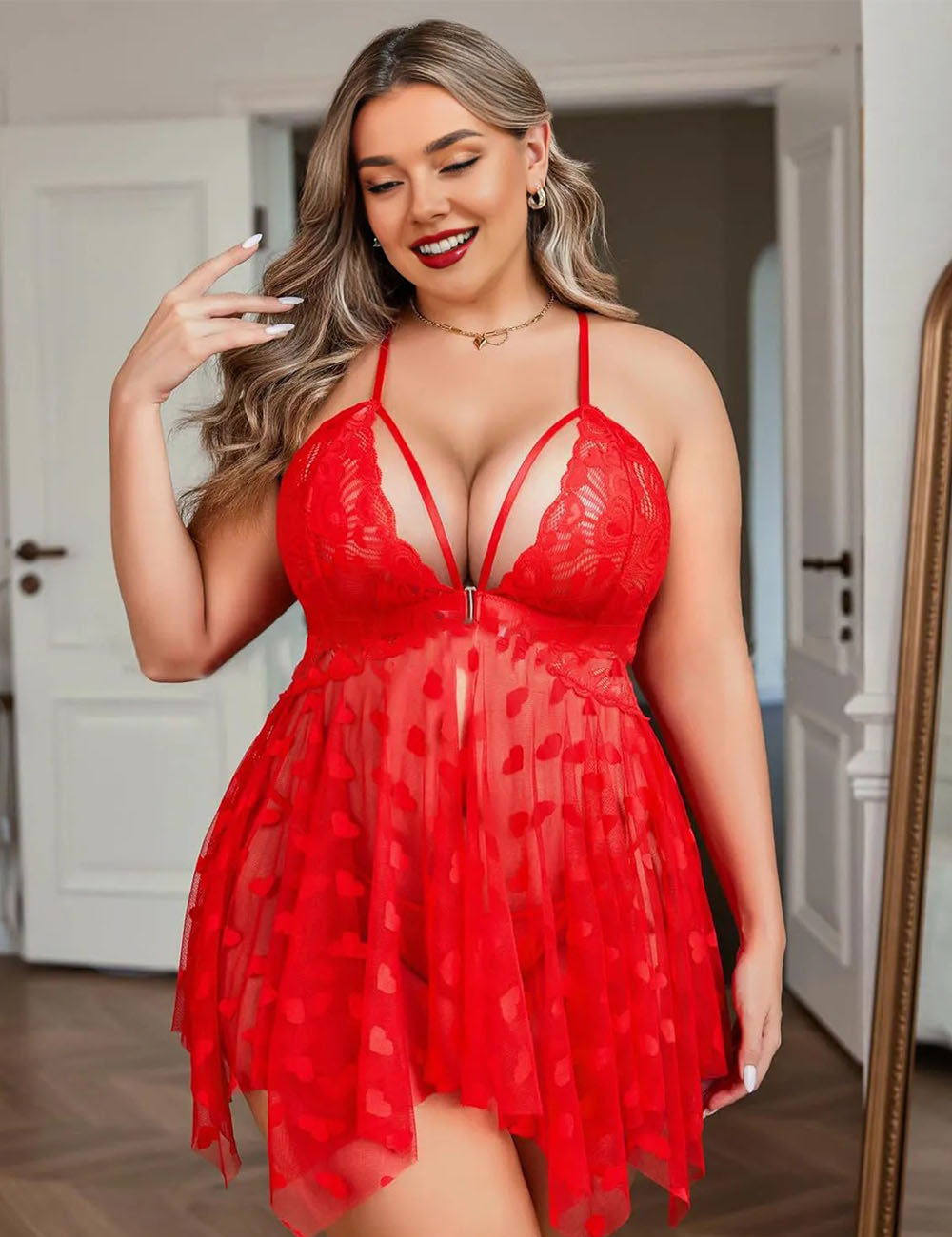 Women Plus Size Cross Lace See-through Sexy Babydoll-3