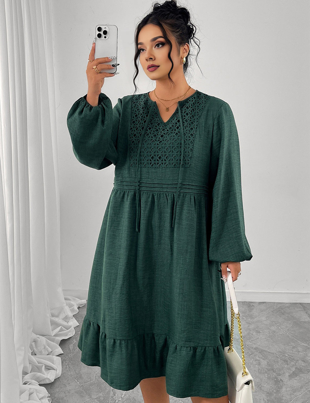 Women Plus Size Dark Green Long Sleeve Boho Midi Dress
