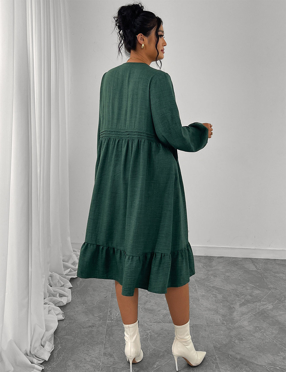 Women Plus Size Dark Green Long Sleeve Boho Midi Dress