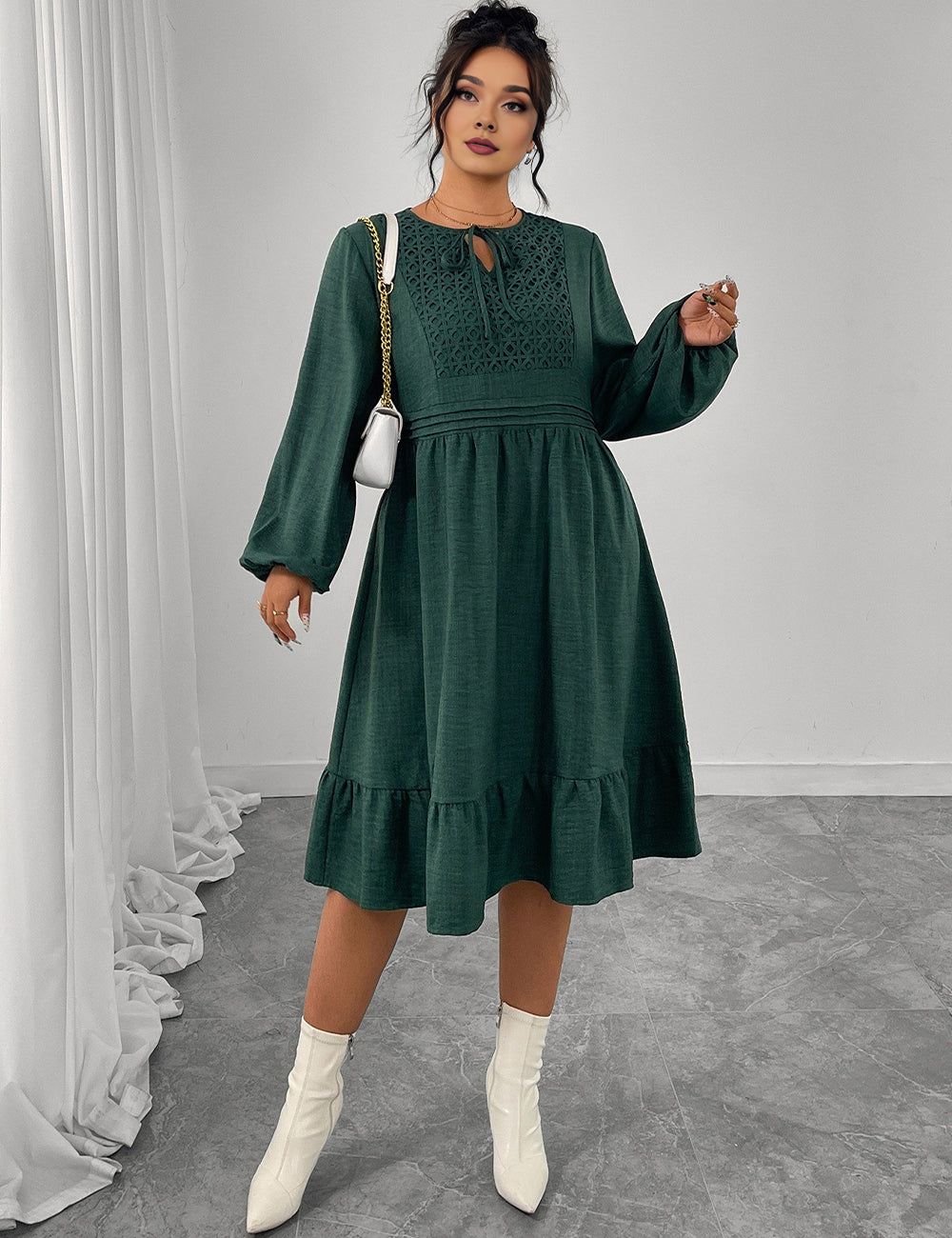 Women Plus Size Dark Green Long Sleeve Boho Midi Dress