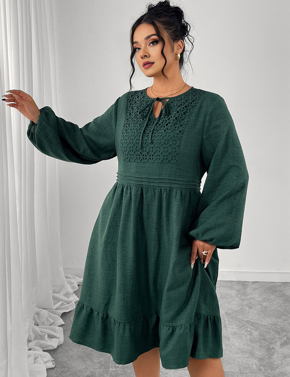 Women Plus Size Dark Green Long Sleeve Boho Midi Dress
