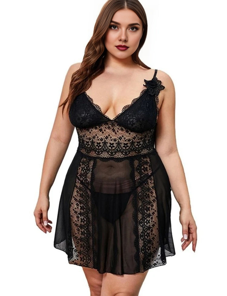 Women Plus Size Deep V Sling Lace Babydoll-1