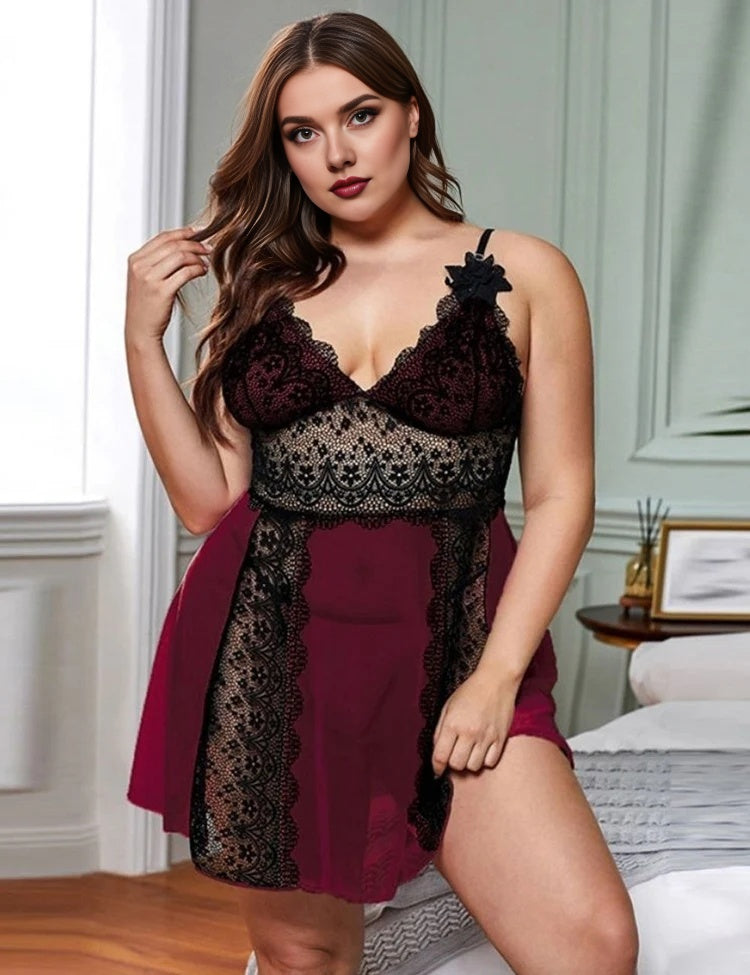 Women Plus Size Deep V Sling Lace Babydoll-4