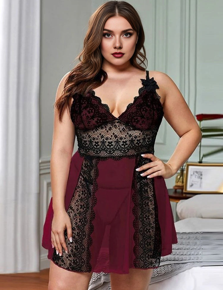 Women Plus Size Deep V Sling Lace Babydoll