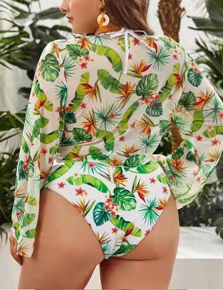 Women Plus Size Digital Printing Long Sleeve Sun Protection Swimsuit-1