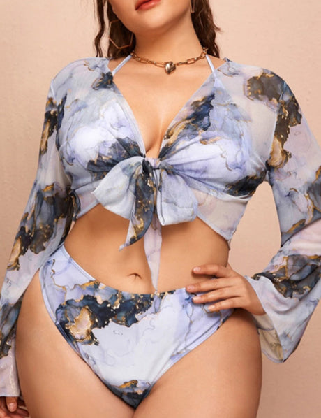 Women Plus Size Digital Printing Long Sleeve Sun Protection Swimsuit-3