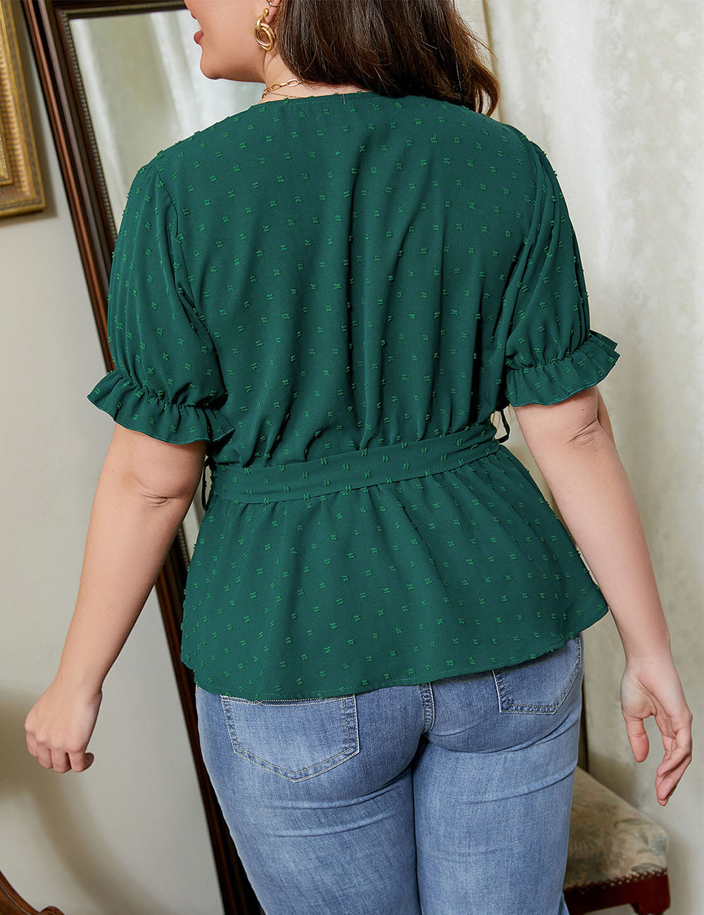 Women_Plus_Size_Dot_Ruffle_Sleeve_Tied_Belt_Blouse_PRUSES_4