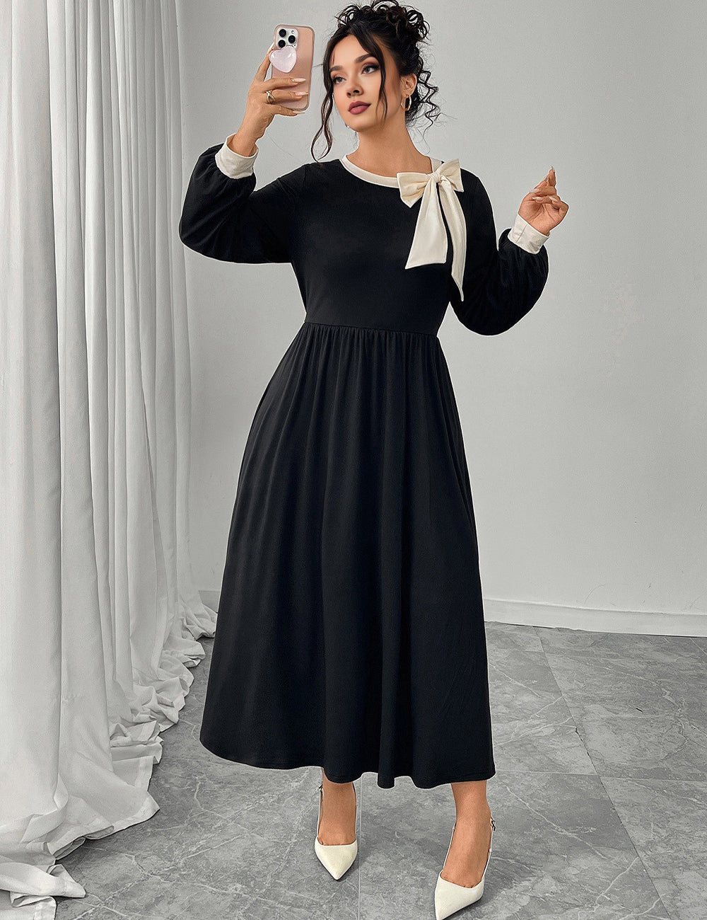 Women Plus Size Elegant Black Bow Vintage Maxi Dress