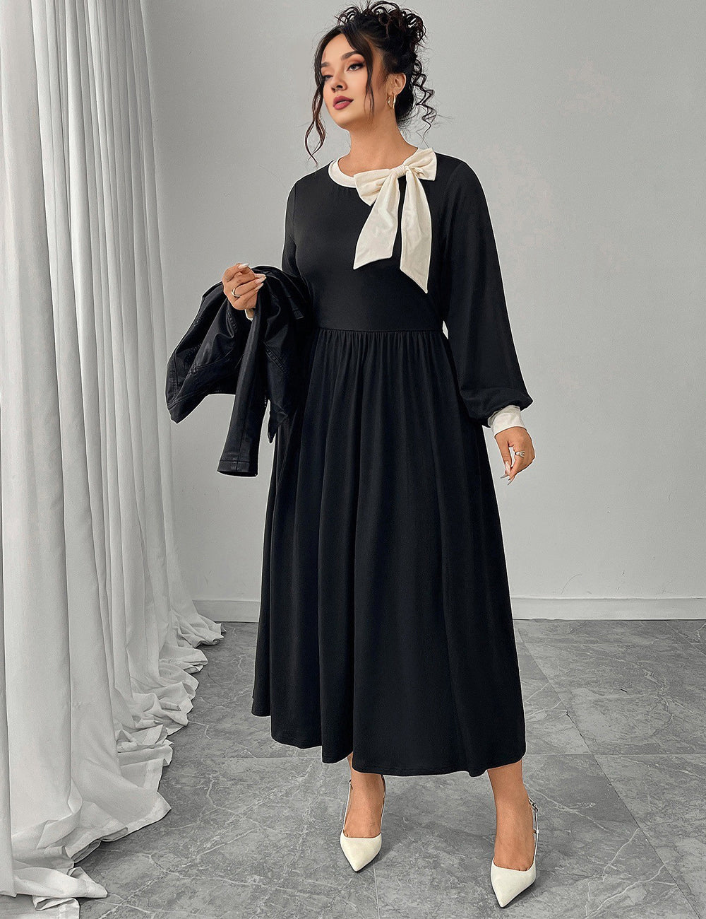 Women Plus Size Elegant Black Bow Vintage Maxi Dress