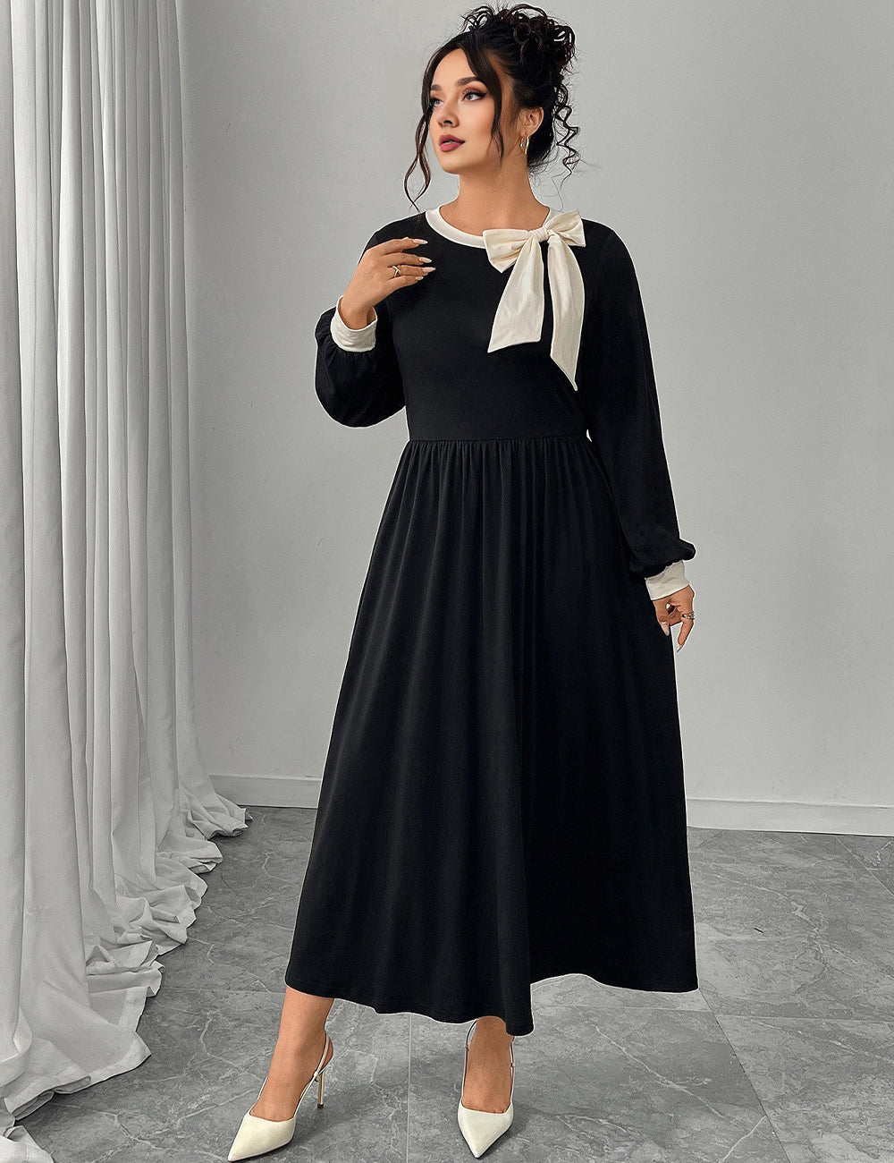 Women Plus Size Elegant Black Bow Vintage Maxi Dress
