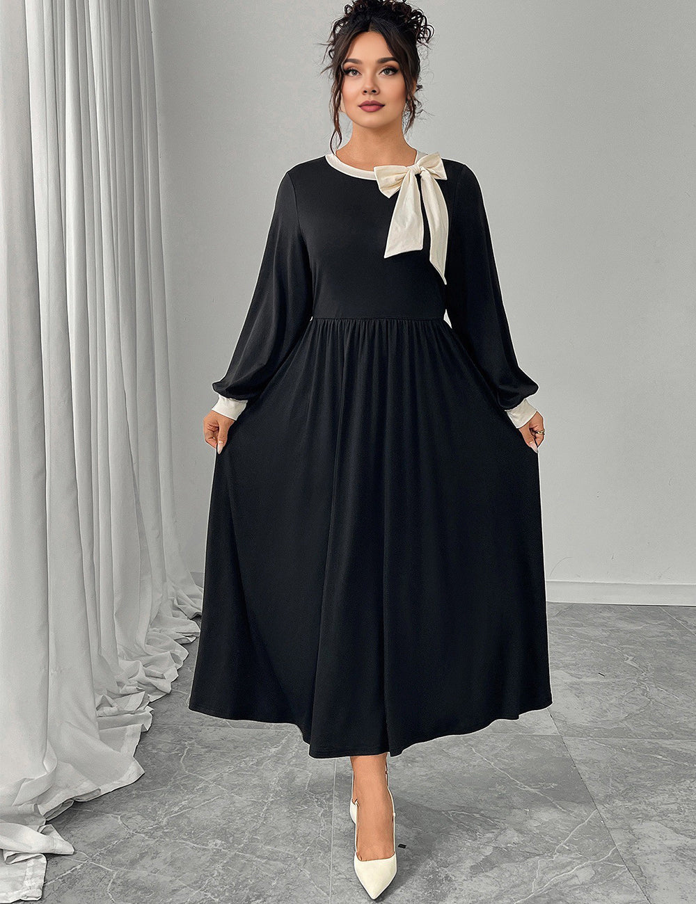 Women Plus Size Elegant Black Bow Vintage Maxi Dress