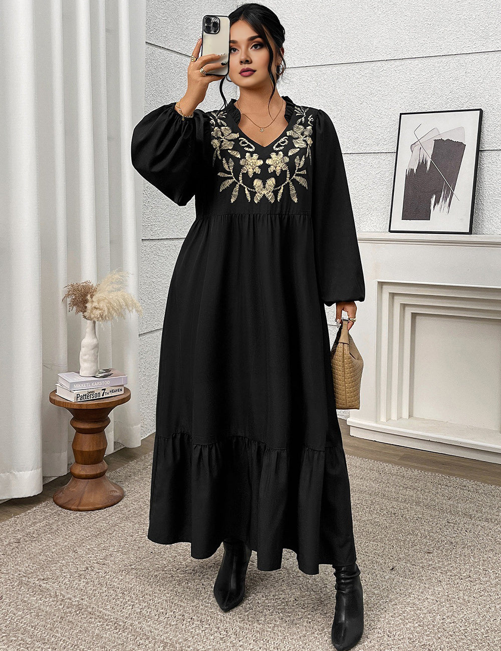 Women Plus Size Elegant Black Embroidered Notch Neck Maxi Dress