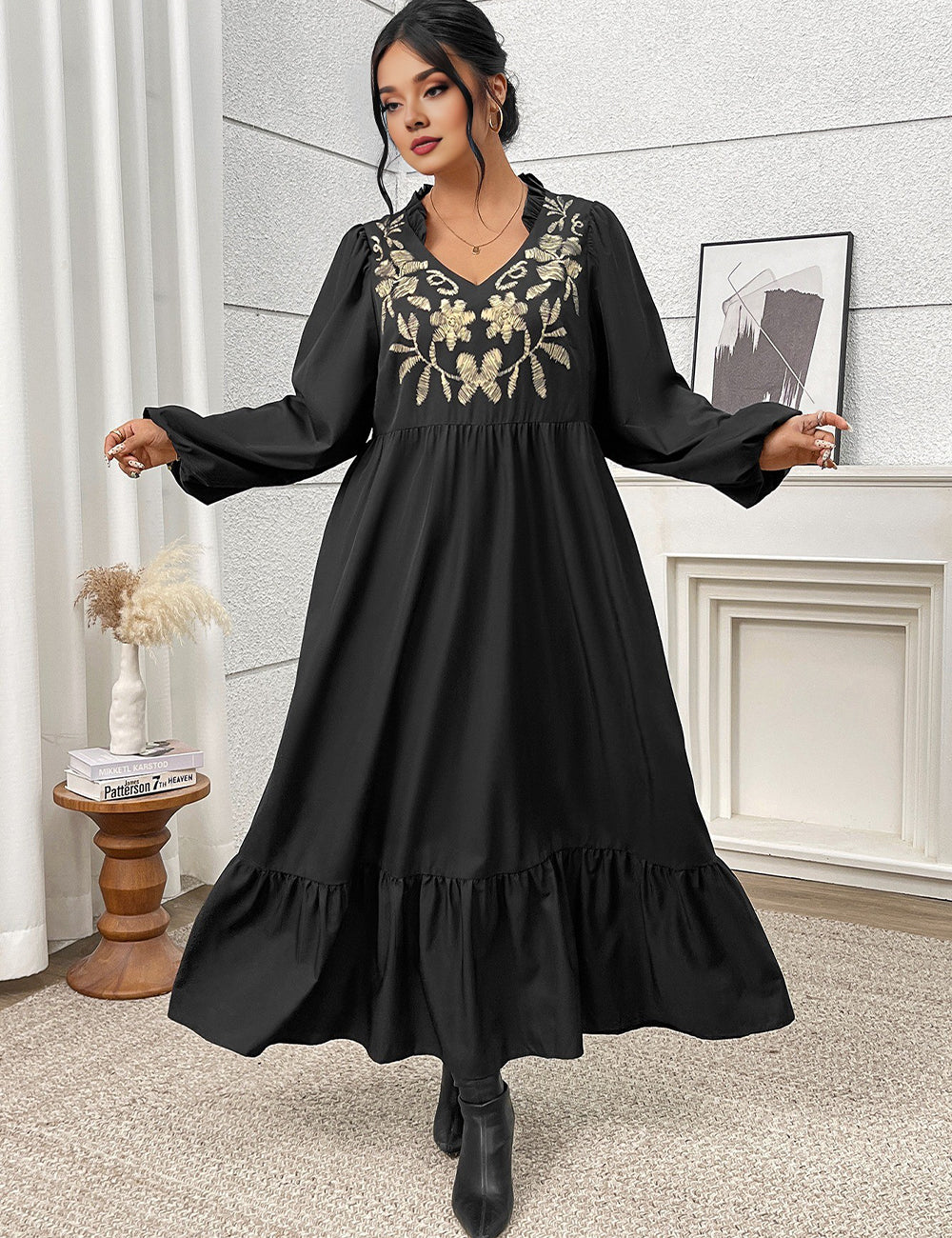 Women Plus Size Elegant Black Embroidered Notch Neck Maxi Dress