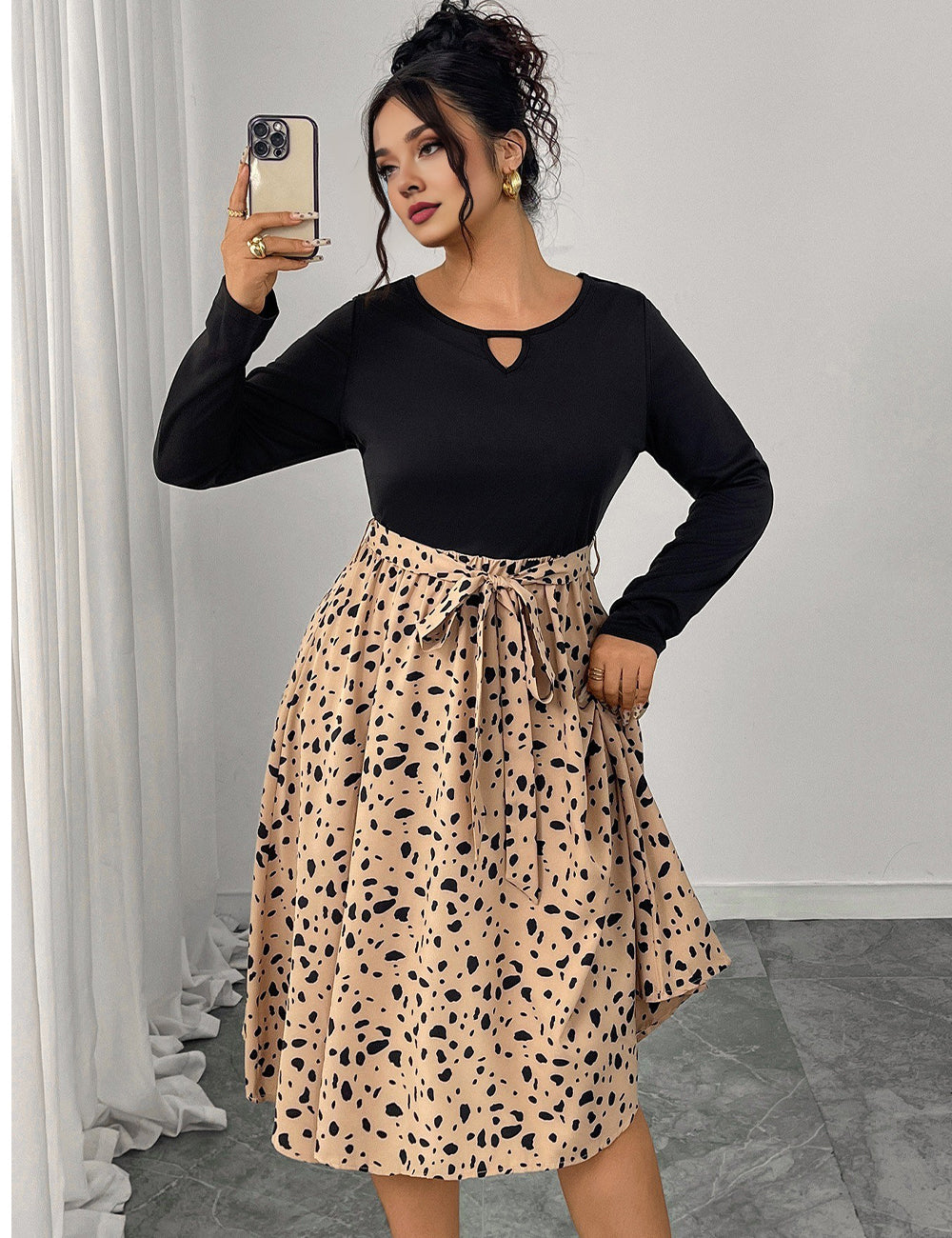 Women Plus Size Elegant Contrast Leopard Belted Dress