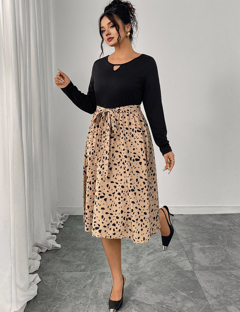 Women Plus Size Elegant Contrast Leopard Belted Dress