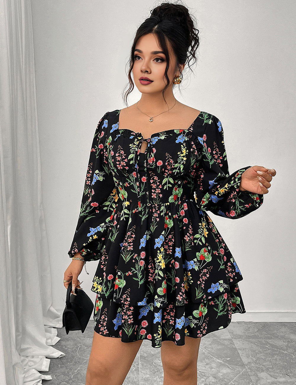 Women Plus Size Elegant Floral Print Square Neck Mini Dress