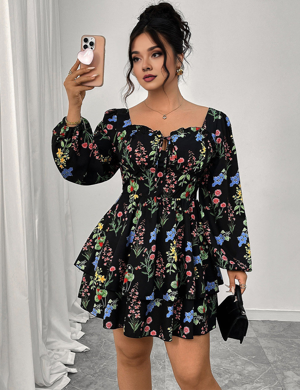 Women Plus Size Elegant Floral Print Square Neck Mini Dress
