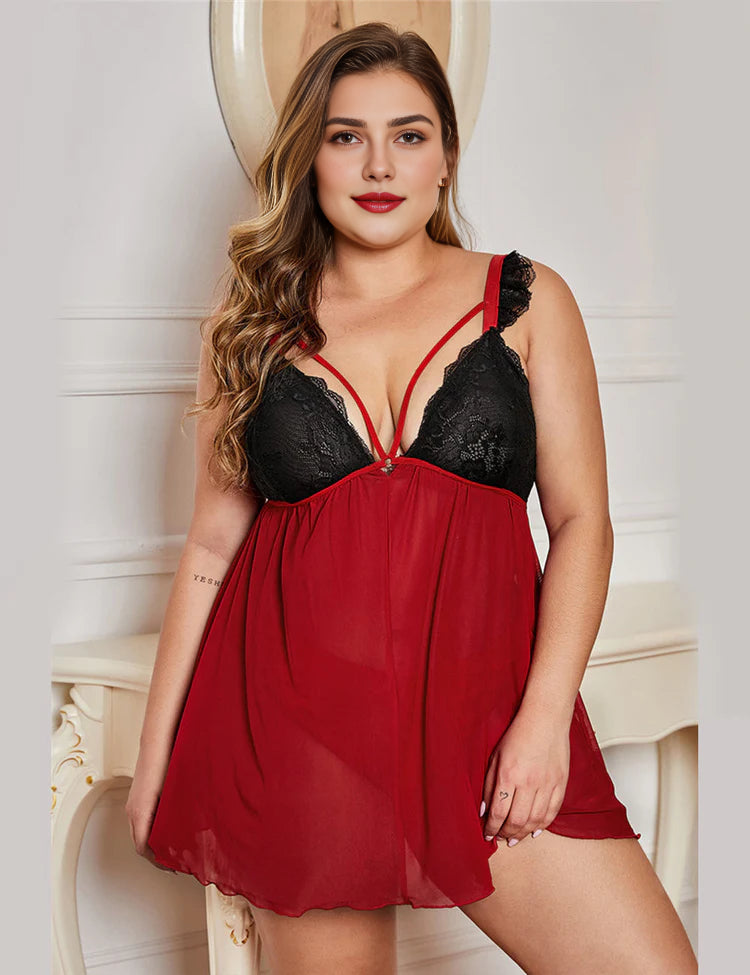 Women Plus Size Elegant Lace Cup Sheer Backless Babydoll-1