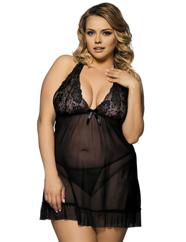 Women Plus Size Elegant Lace Cup Sheer Backless Babydoll-4