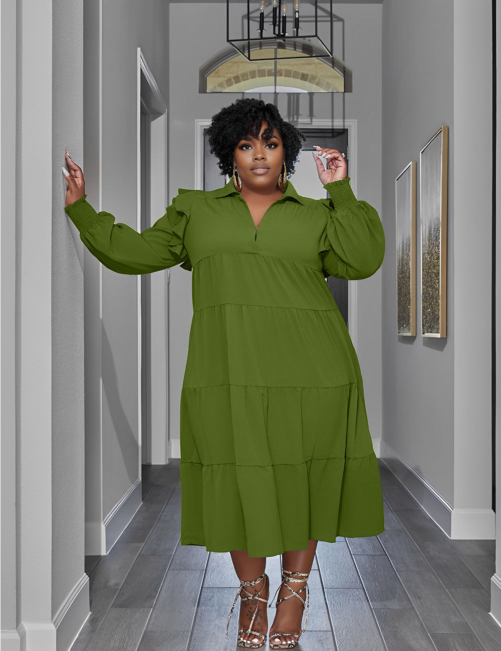 Women Plus Size Elegant Ladies Shirt Collar Cake Skirt Dress-1