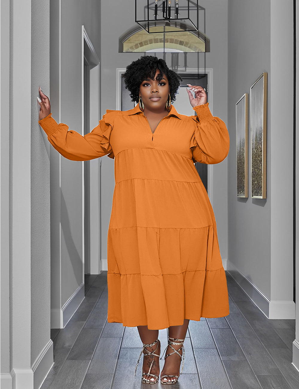 Women Plus Size Elegant Ladies Shirt Collar Cake Skirt Dress-3