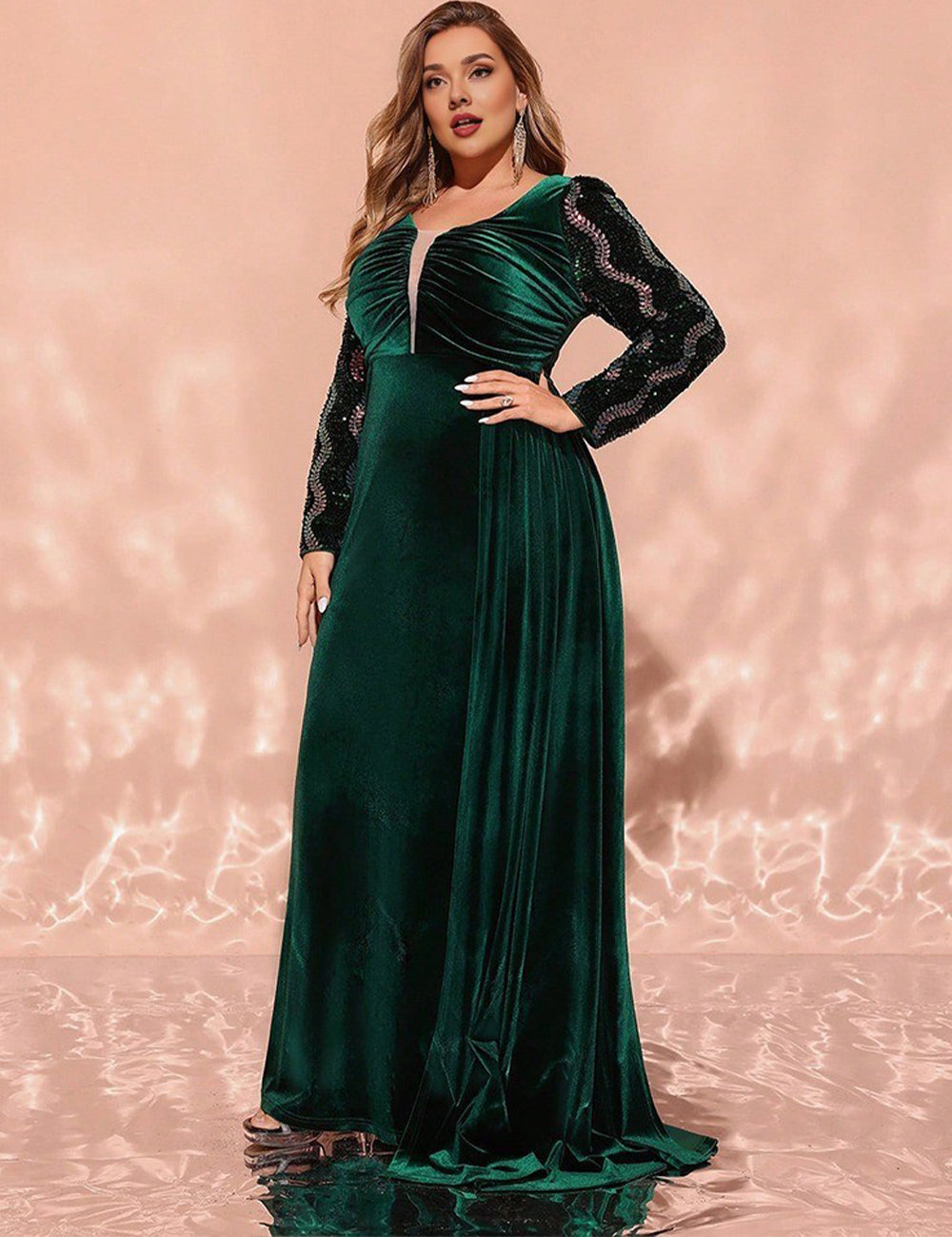 Women Plus Size Emerald Green Velvet Sequin Bodycon Evening Dress
