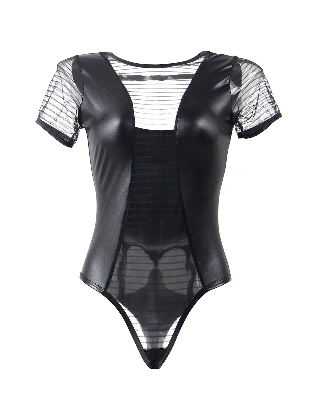 Women Plus Size Faux LeatherSheer Short Sleeve Snap Bodysuit-2