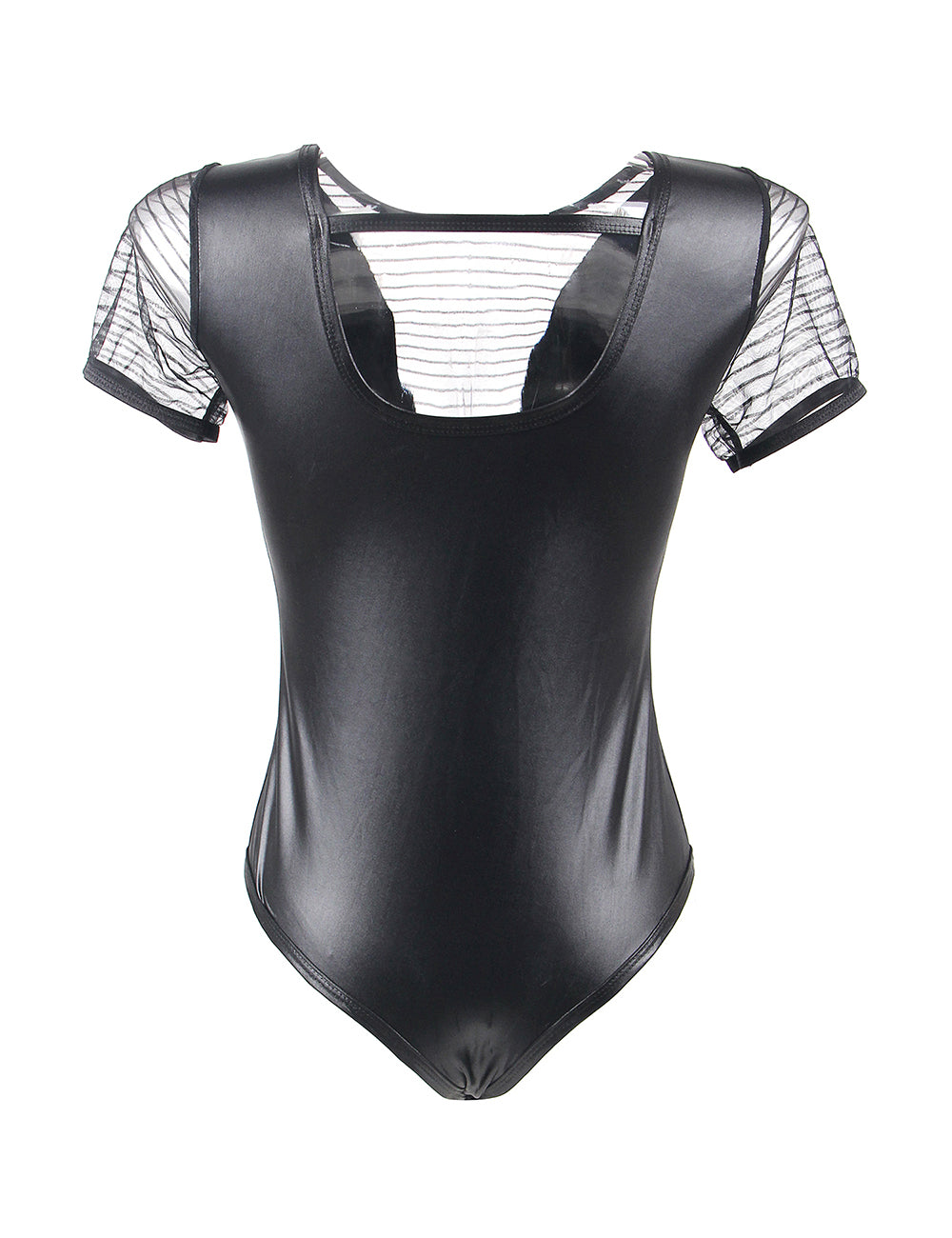 Women Plus Size Faux LeatherSheer Short Sleeve Snap Bodysuit-3