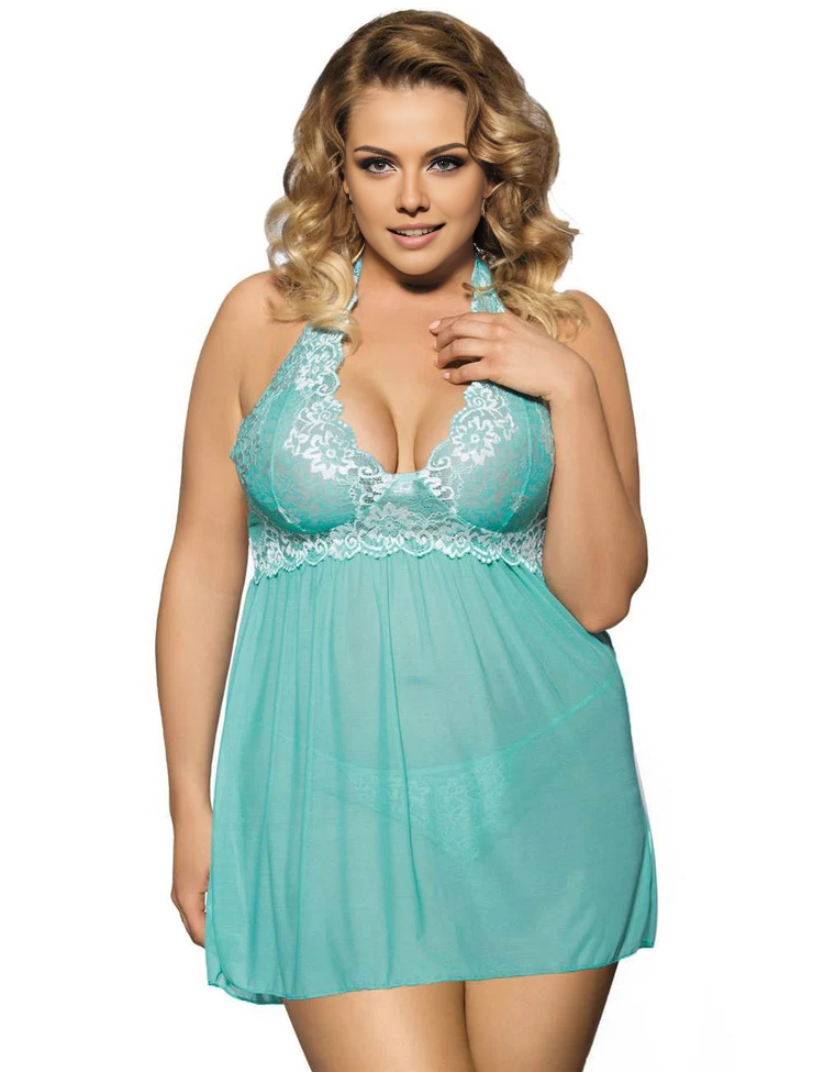 Women Plus Size Floral Embroidery Halter Babydoll-4