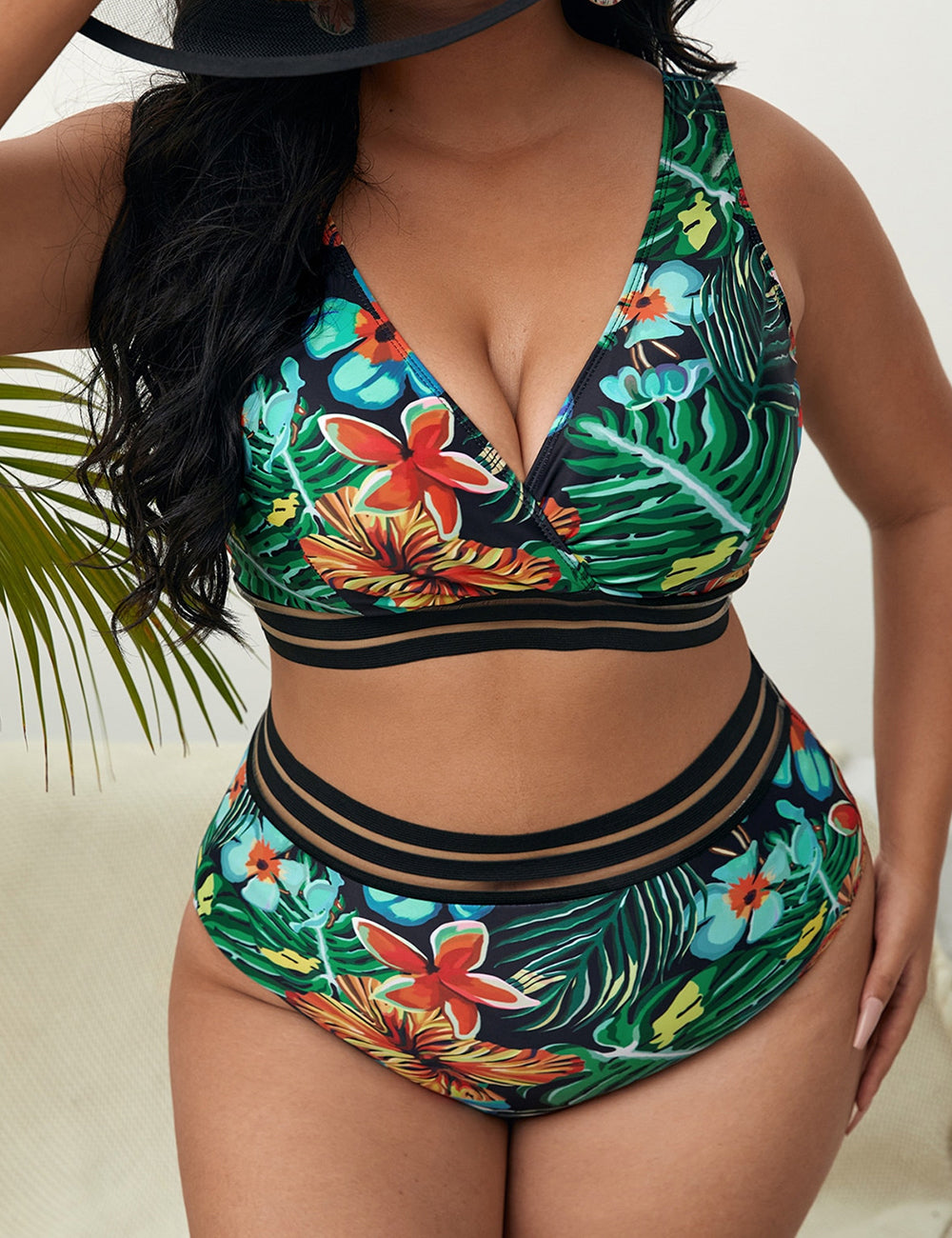 Women Plus Size Floral High Waist Bikini Size V Neck Tank Top Two Piece Swimsuit-3
