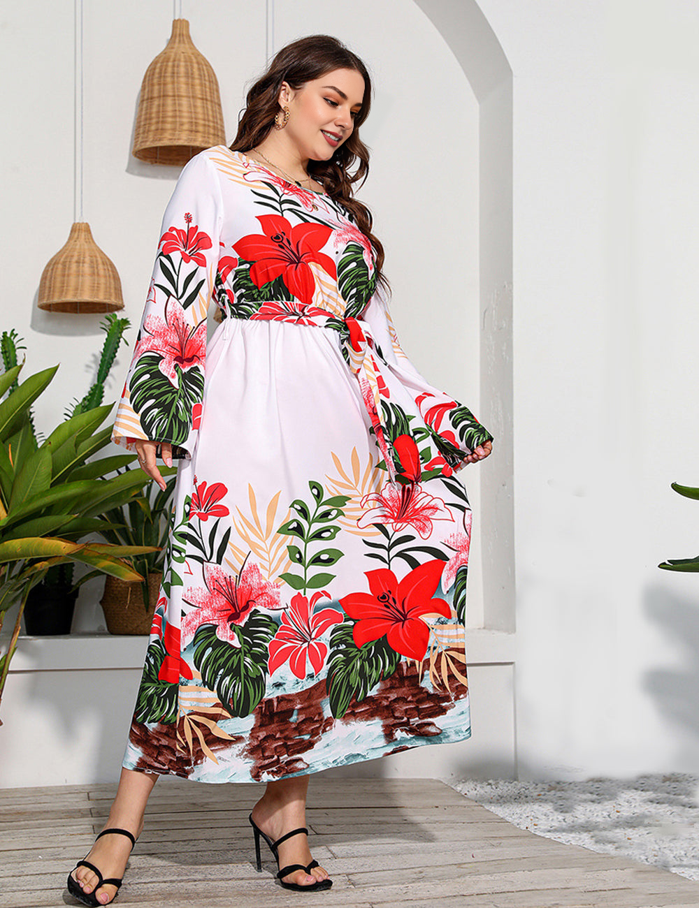 Women Plus Size Floral Print Tie Waist Slim Fashion Dress-2