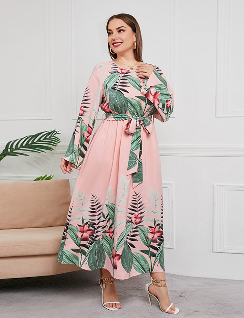 Women Plus Size Floral Print Tie Waist Slim Fashion Dress-3