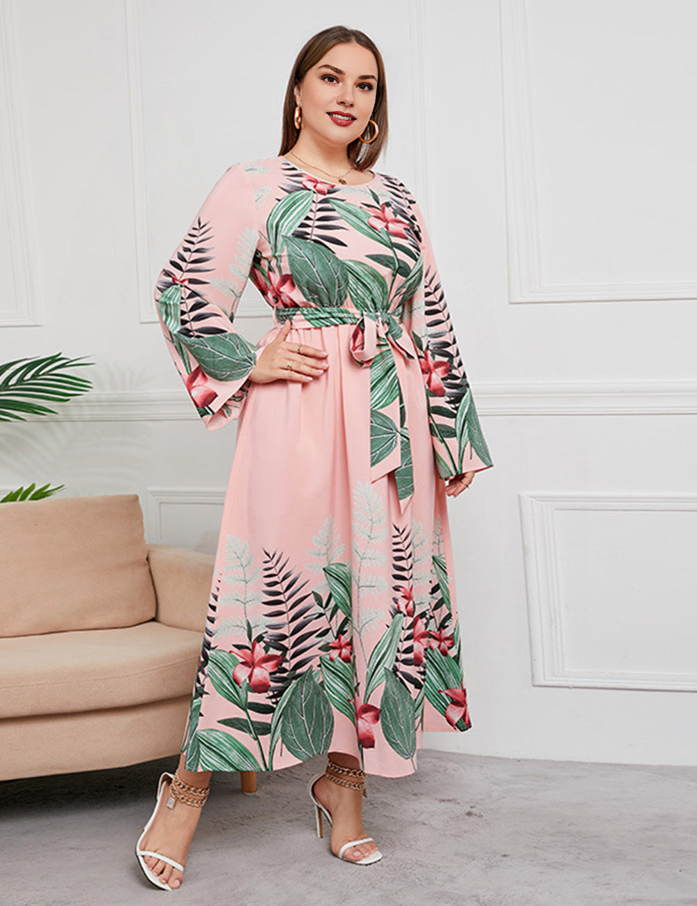 Women Plus Size Floral Print Tie Waist Slim Fashion Dress